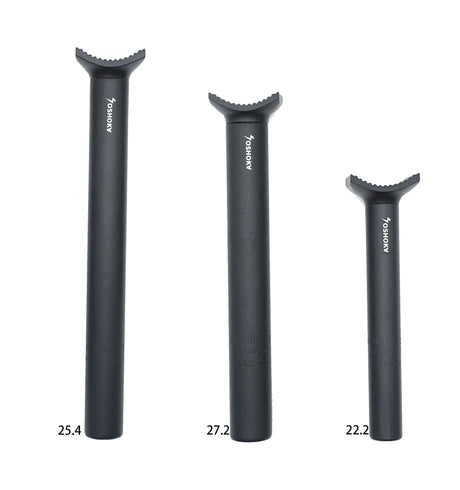 Yoshoka Pivotal Seat Post Aluminium, black post with serrated curved clamps, white logo along shaft, three sizes shown.!