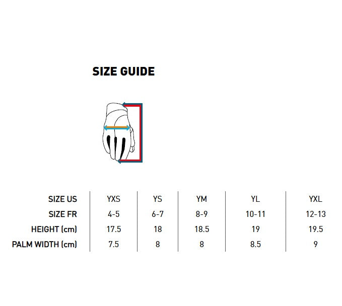 SHOT Racegear Draw Kids Gloves by SSS Racing: red/blue fabric, leather fingertips, padded palms, elastic cuffs, stitching