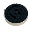 Gusset half link Slink chain in black curled up in a round metal box on a white background. 