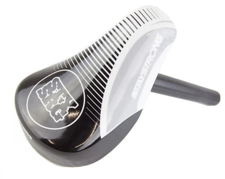 StayStrong Mini Combo Seat - Grey, black/white carbon-fiber texture, aluminum shaft, glossy cap with SSS Racing branding