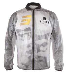 SHOT Waterproof Windbreaker 2.0 Kid (Transparent): silver jacket, gold logo, black zipper, gray camo, bold chest mark glow