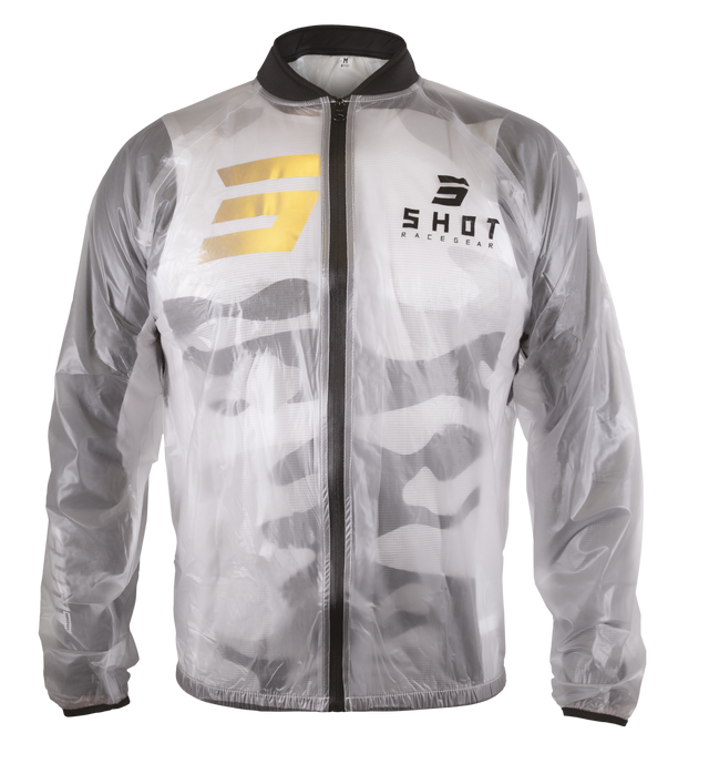 SHOT Waterproof Windbreaker 2.0 Kid (Transparent): silver jacket, gold logo, black zipper, gray camo, bold chest mark glow
