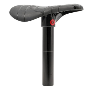 Box Two Saddle Aluminium Post: black matte saddle, red logo, ergonomic grooves, solid black aluminium post for BMX racing