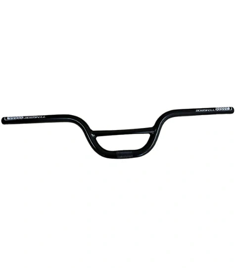 Bombshell Aluminium Bars by SSS Racing in glossy black alloy, curved BMX handlebars with center crown area and white text