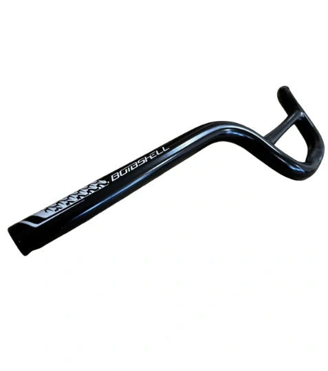 Bombshell Aluminium Bars by SSS Racing in black with white logo, curved ergonomic drop-bar, alloy aluminum construction.