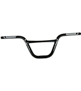Bombshell Aluminium Bars by SSS Racing in black aluminum with white branding, curved rise, knurled ends with matte finish.