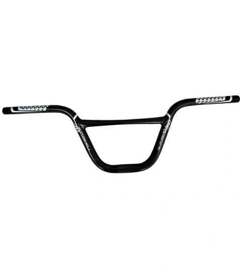 Bombshell Aluminium Bars by SSS Racing in black matte alloy with white logo decals, wide grip, rounded rise. rugged BMX style