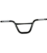 Bombshell Aluminium Bars by SSS Racing in black matte alloy with white logo decals, wide grip, rounded rise. rugged BMX style