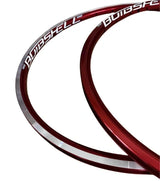 Bombshell ALU rims Mini/Expert 28H by SSS Racing in deep red alloy with silver lip, bold white logo, glossy anodized finish