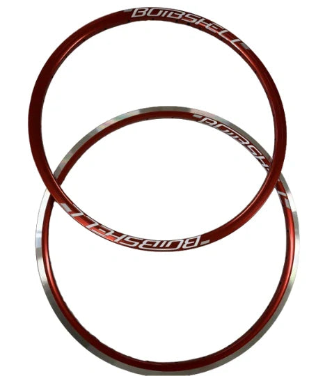 Bombshell ALU rims Mini/Expert 28H by SSS Racing red aluminum rims with silver accents and bold lettering, circular hoops