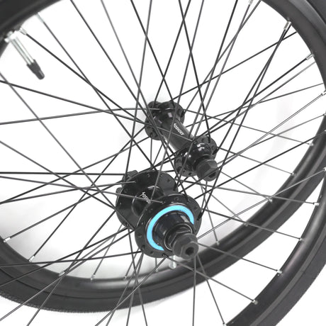 Yoshoka Aluminium BMX Race Wheelset Mini/Expert 20x451 Black with blue hub accents, black spokes, round rims, sleek profile