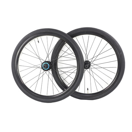 Yoshoka Aluminium BMX Race Wheelset Mini/Expert 20x451 Black featuring black rims, silver spokes, blue hubs, tires, bold