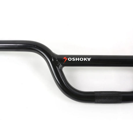 Yoshoka Aluminium Bars, glossy black anodized finish with curved welds, red logo decal, knurled grip. Ideal for BMX racing. 
