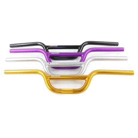 Yoshoka Aluminium Bars by SSS Racing black, purple, silver and gold aluminum, knurled center, curved BMX bright handlebars.