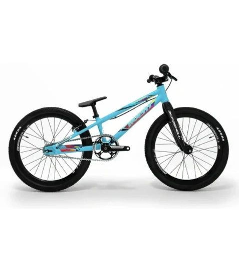 Bombshell Avent Vandal bike - PRO in Gunmetal Grey, blue frame with black tires, alloy crankset; SSS Racing branding logo