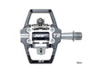 SSS Racing HT T2-SX BMX Racing Clip Pedals in black and gray aluminum with silver axle, rugged clip-in mechanism and grip.