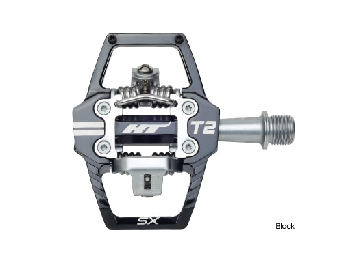 SSS Racing HT T2-SX BMX Racing Clip Pedals in black and gray aluminum with silver axle, rugged clip-in mechanism and grip.