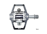 SSS Racing HT T2-SX BMX Racing Clip Pedals in black and gray aluminum with silver axle, rugged clip-in mechanism and grip.