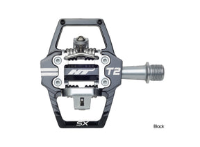 SSS Racing HT T2-SX BMX Racing Clip Pedals in black and gray aluminum with silver axle, rugged clip-in mechanism and grip.