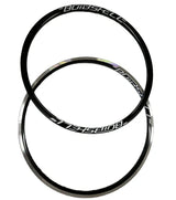 SSS Racing Bombshell ALU rims Mini/Expert 28H, black anodized aluminum with silver beveled edge, glossy finish and bold logo.