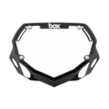 Box Two BMX Number Plates by SSS Racing: black aluminum frame, glossy finish, silver screws, bold white 'box' logo centered