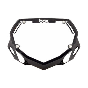 Box Two BMX Number Plates by SSS Racing: black aluminum frame, glossy finish, silver screws, bold white 'box' logo centered