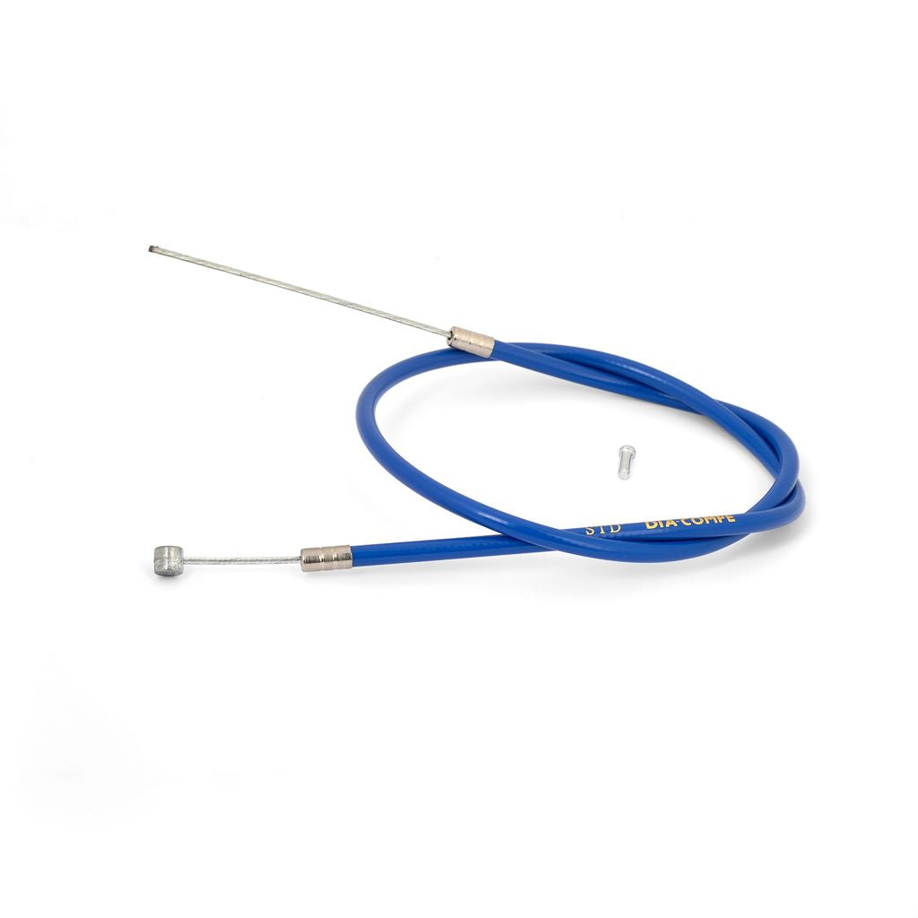 SSS Racing Dia-Compe BRS Brake Cable with blue outer sheath, stainless steel inner cable, silver ferrules and end shiny caps.