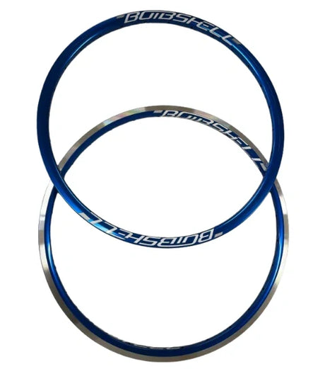 Bombshell ALU rims Mini/Expert 28H in blue metallic aluminum with silver accents, bold rim edges, SSS Racing branding Pro