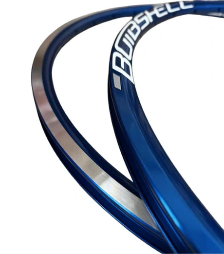 Bombshell ALU rims Mini/Expert 28H blue vivid anodized aluminum with silver inner stripe, SSS Racing logo, high gloss finish!