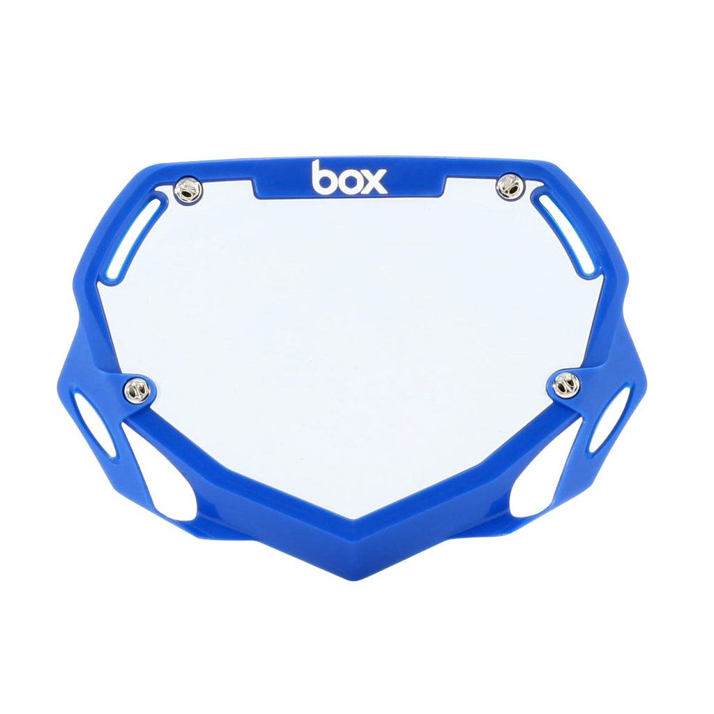 Box Two BMX Number Plates by SSS Racing: blue frame, white plate, silver screws, durable polycarbonate, raceready design