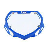 Box Two BMX Number Plates by SSS Racing: blue frame, white plate, silver screws, durable polycarbonate, raceready design