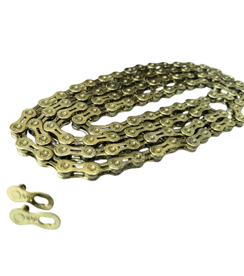 SSS Racing Bombshell Black 3/32" Chain with brass-gold links, patina, tight weave, automotive styling for durability tough