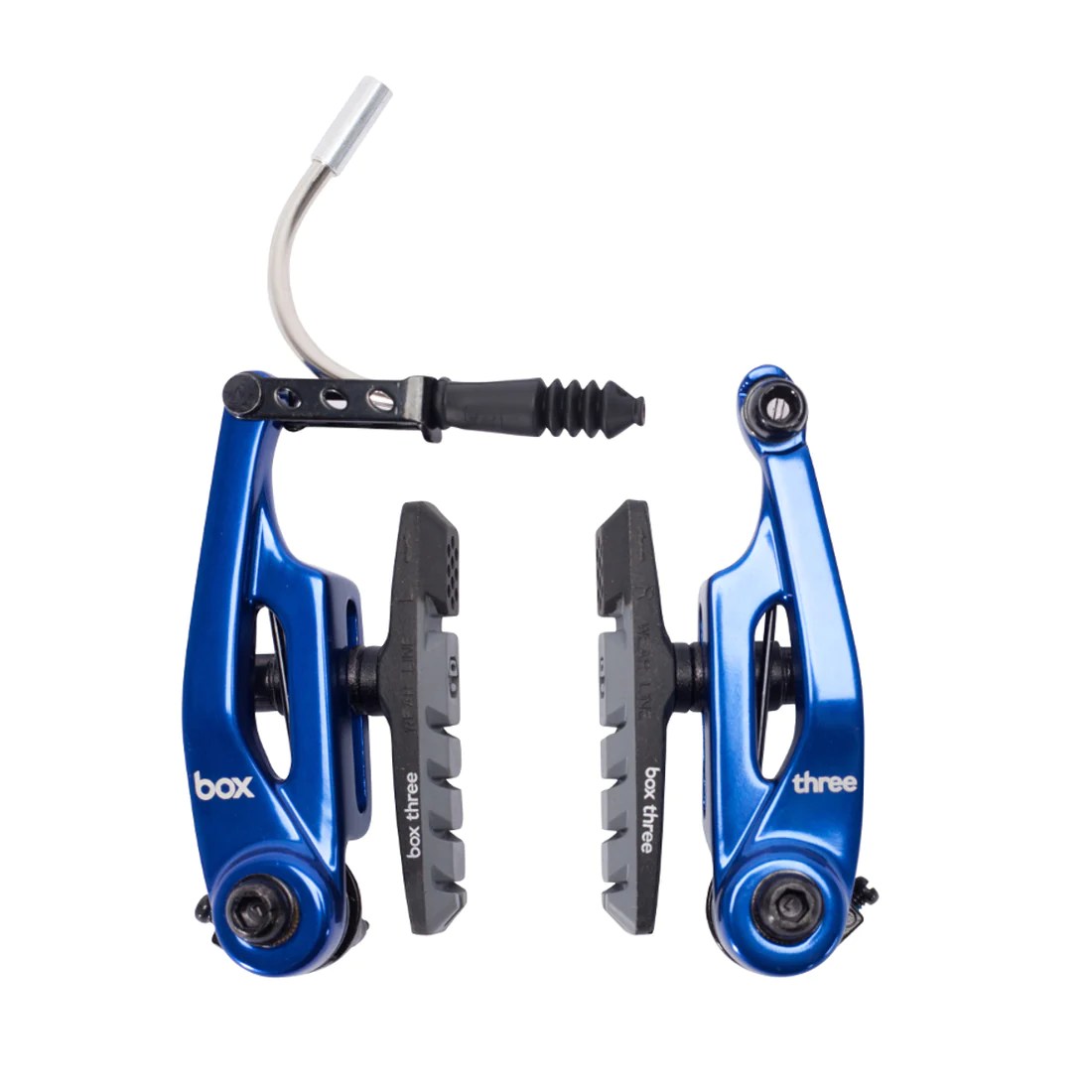 Box Three V-Brake 85mm (Short) SSS Racing blue aluminum calipers with black pads, silver bolt, chrome cable guide, design