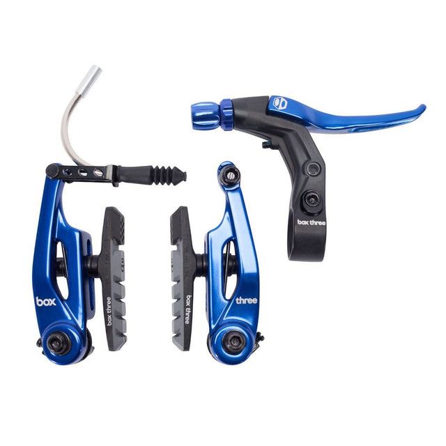 SSS Racing Box Three V-Brake Kit (Short) 85mm blue aluminum arms, black pads, stainless cable, compact short-reach silhouette
