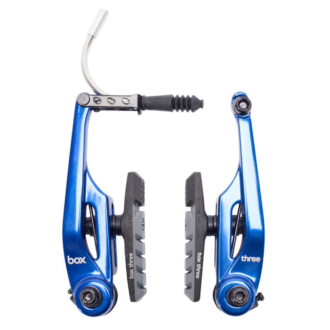 SSS Racing Box Three V-Brake 108mm (Long) in blue aluminum alloy with gray brake pads, cable noodle, and quick-release lever
