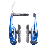 SSS Racing Box Three V-Brake 108mm (Long) in blue aluminum alloy with gray brake pads, cable noodle, and quick-release lever