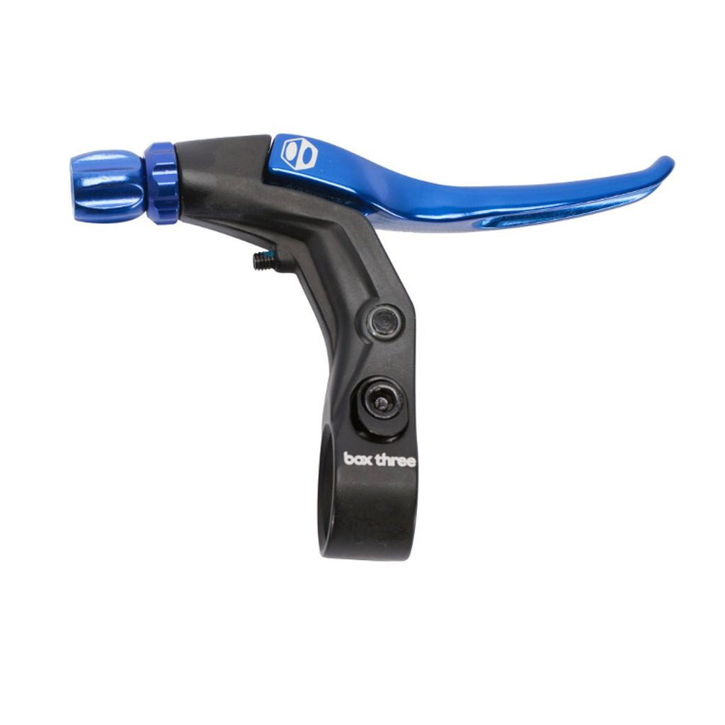 Box Three V-Point Short Reach Brave Lever by SSS Racing, blue anodized lever with black alloy body, precision screws. CNC