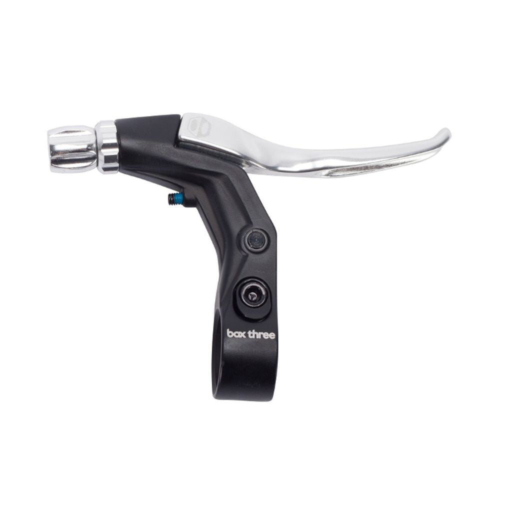 Box Three V-Point Short Reach Brave Lever by SSS Racing, black alloy body with silver curved brake lever, precise mounting.