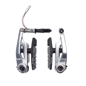 Box Three V-Brake 85mm (Short) by SSS Racing, silver alloy calipers with black textured pads and compact mounting hardware