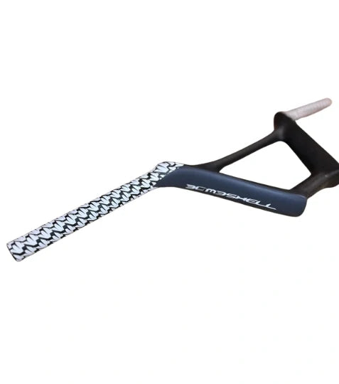 Bombshell Carbon Bars by SSS Racing showcase blue carbon bar with black stem, white grip pattern, high-performance aesthetics