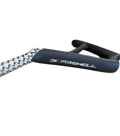 Bombshell Carbon Bars by SSS Racing: matte navy carbon bar with white chevron grip, sleek silver logo, aero performance.