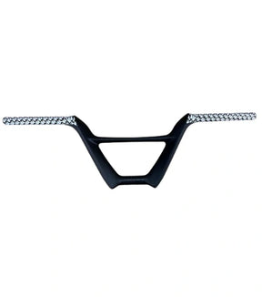 Bombshell Carbon Bars by SSS Racing: black carbon frame with silver braided ends, sleek central trapezoid cutout, race-ready.