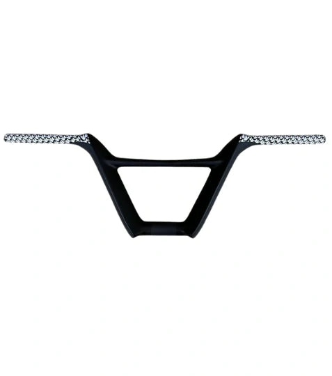 Bombshell Carbon Bars by SSS Racing: black carbon fiber handlebars with V-shaped bridge and silver braided ends. gloss shine