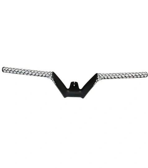 Bombshell Carbon Bars by SSS Racing with black center clamp Vshaped ends, silver braided carbon bars, matte finish, textured.