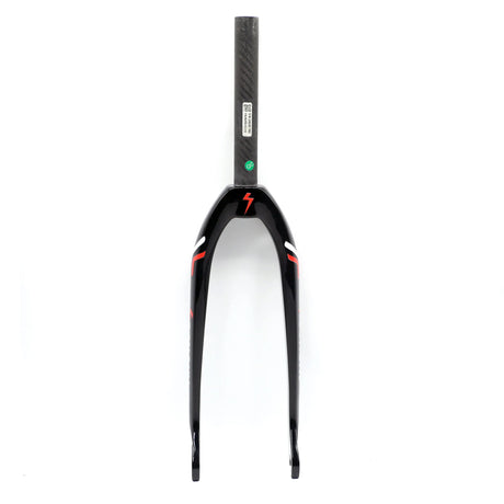 Yoshoka Carbon Fork 20 x 1"" black matte carbon fiber fork with red stripe accents, glossy finish, SSS Racing branding logo.