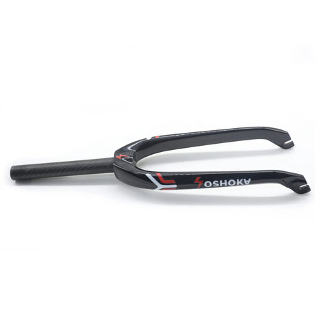SSS Racing Yoshoka Carbon Fork 20 x 1" black carbon fiber fork with red white graphics, glossy finish, tapered blades.