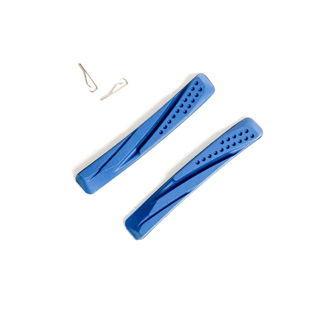 Box One Carbon Brake Pads by SSS Racing: blue carbon composite pads with molded grooves, perforated holes, and precise ends.