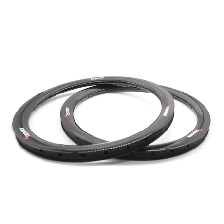 SSS Racing Yoshoka Expert Carbon Rims 28H: matte black carbon rims with holes, red logo, deep aero profile, gloss finish