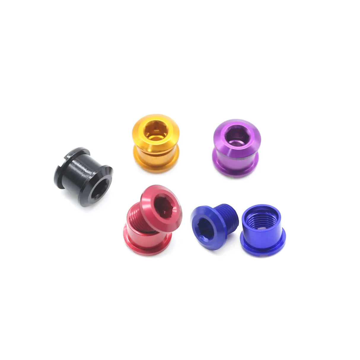 SSS Racing Yoshoka Aluminium Chainring Bolts (8.5*4mm) set in anodized gold, orange, purple, red, blue, and black aluminum.