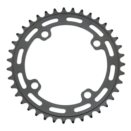 Yoshoka Chainrings Black by SSS Racing, matte gray aluminum with cutout spokes and 44-tooth profile, anti-slip edge. gloss.
